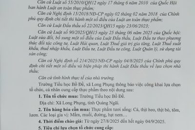 Thông báo Về việc lựa chọn Tổ chức, cá nhân cung cấp thực phẩm phục vụ công tác bán trú năm học 2025 -2026